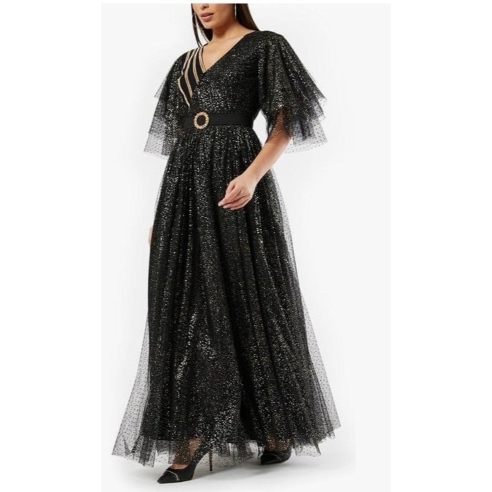 Amri Size Small Glitter Dot Tulle Maxi Dress Wrap Butterfly Sleeve Crystal Belt
